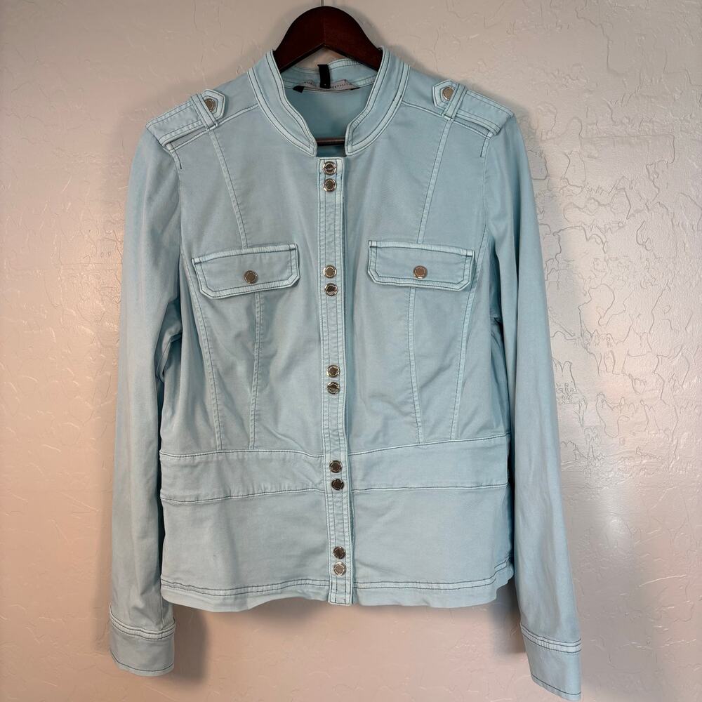 White House Black Market Aqua Blue Peplum Jacket 14  Military Style Button Front